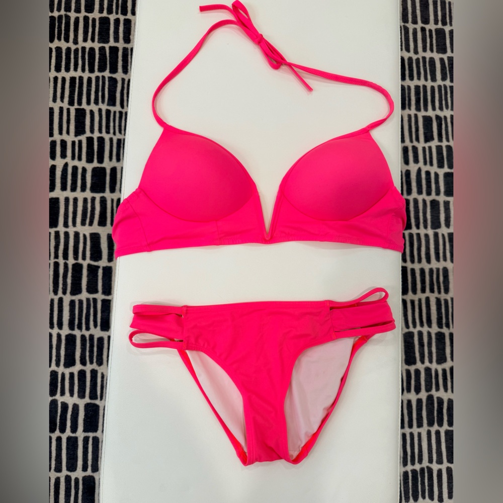 PINK Victoria's Secret Neon Pink Padded Triangle Bikini Set / Size Medium